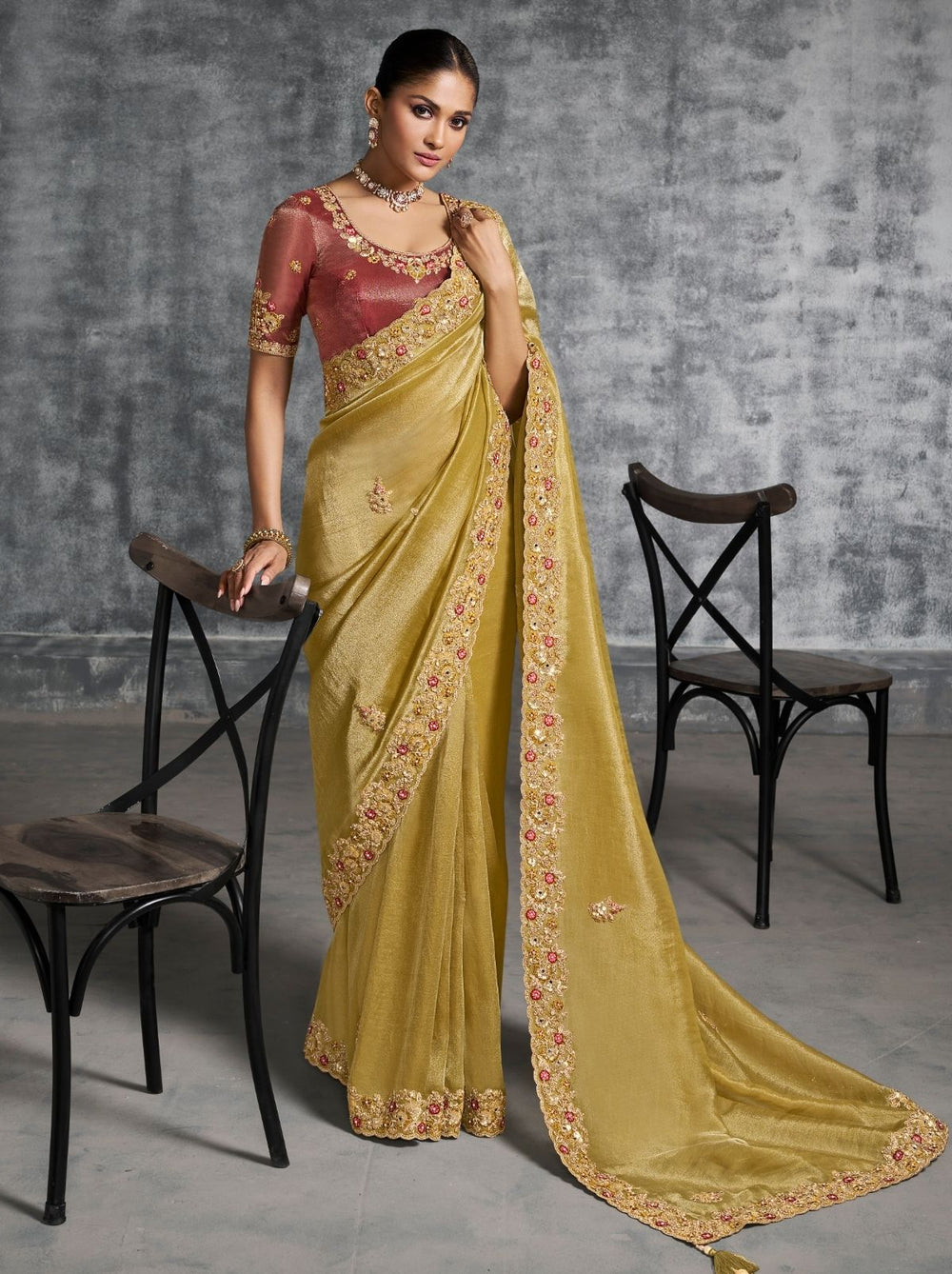 Gold Premium Zari Tissue Silk Bridal Saree 