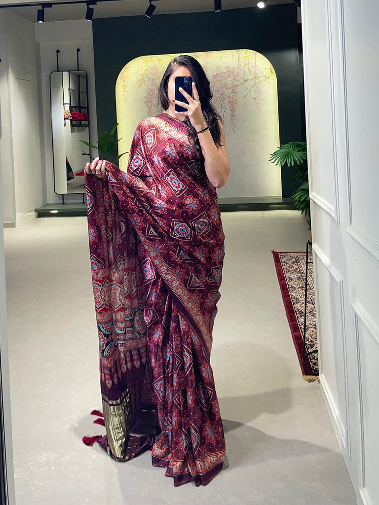 Brown Color Floral &amp; Foil Work Gaji Silk Saree