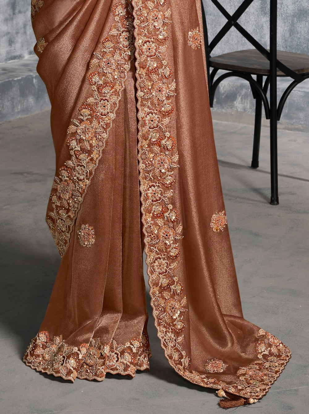 Copper Brown Premium Zari Tissue Silk Bridal Saree 
