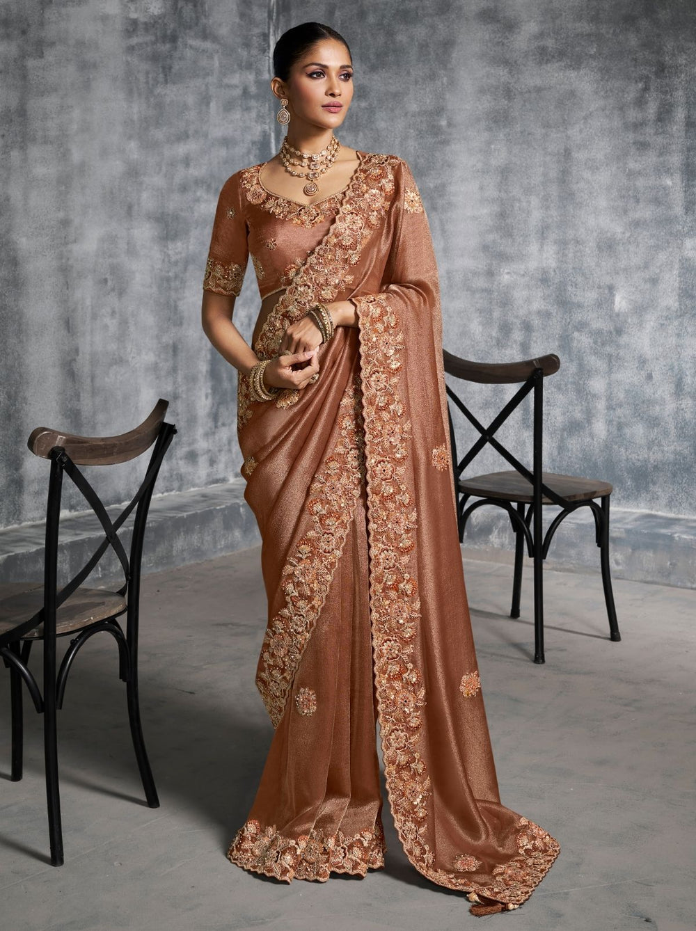 Copper Brown Premium Zari Tissue Silk Bridal Saree 
