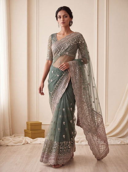 Green Pure Premium Net Handwork Kasti &amp; Motif Zari Metallic Sequins Work Wedding Saree