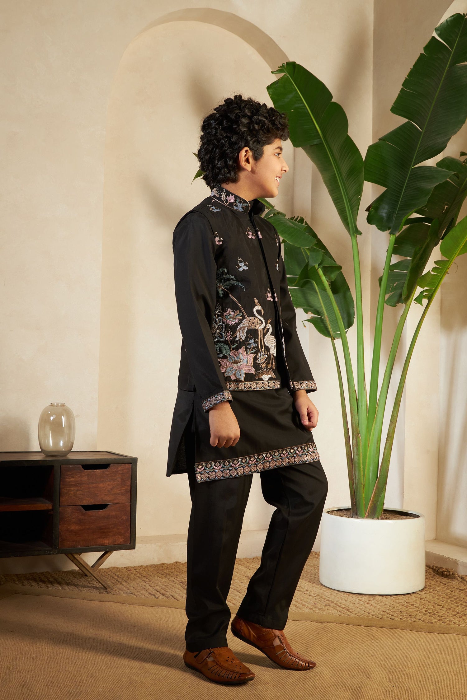 Black Pure Viscose Silk Silk Kids Boy Kurta Pajama With Koti Jacket 