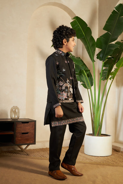 Black Pure Viscose Silk Silk Kids Boy Kurta Pajama With Koti Jacket 