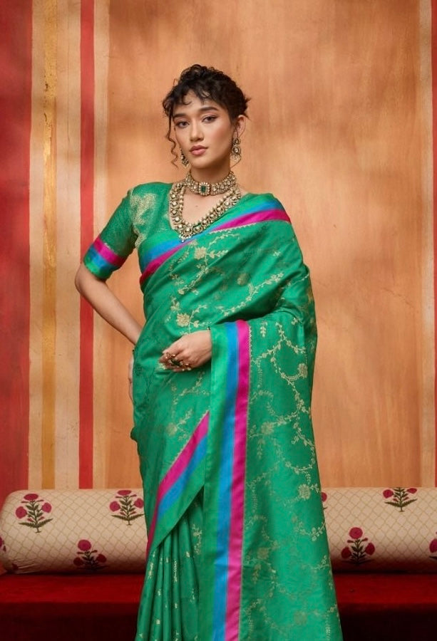 Green Pure Soft Satin Handloom Weaving Satin Saree