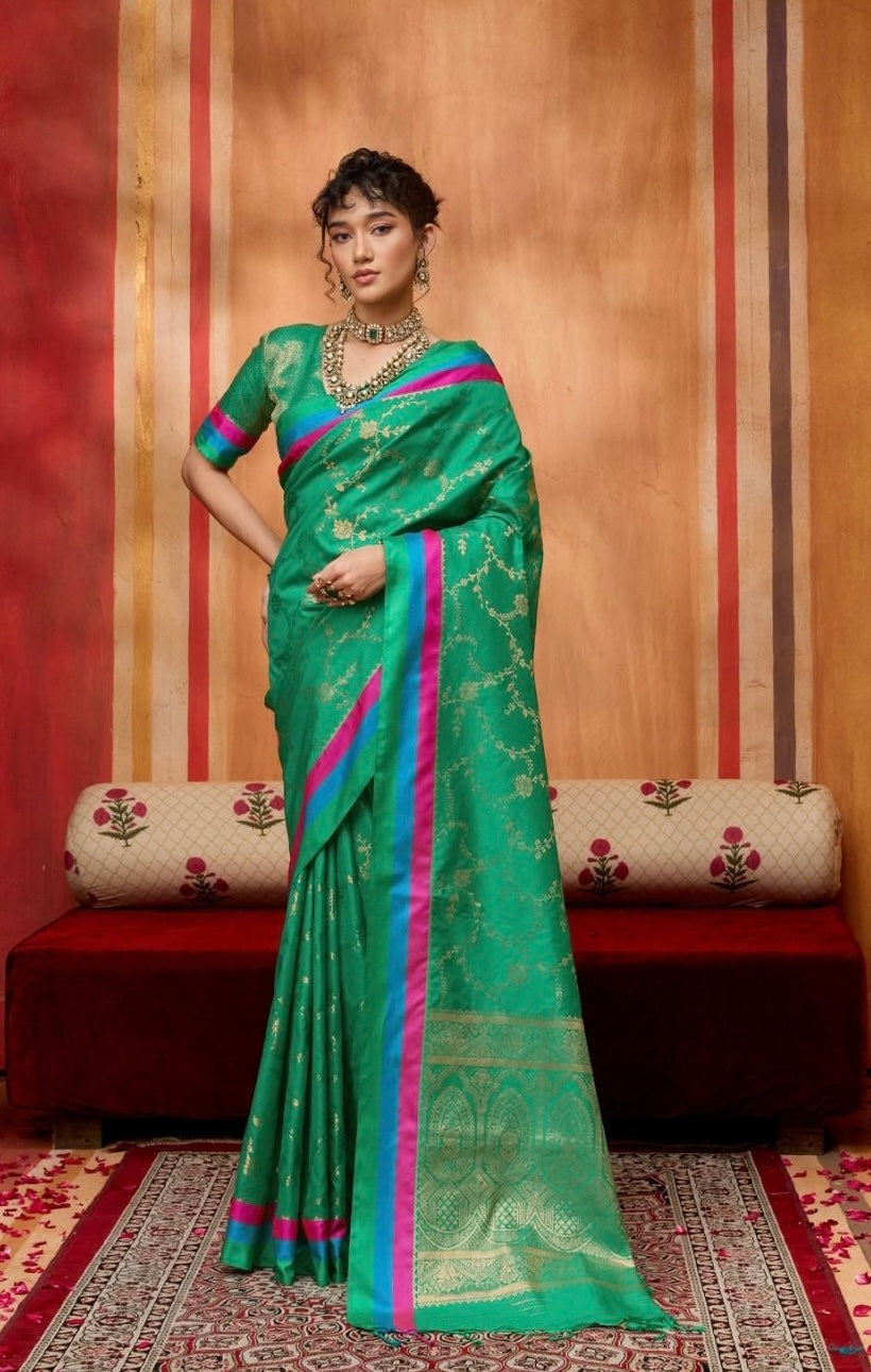 Green Pure Soft Satin Handloom Weaving Satin Saree