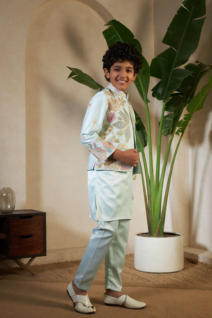 Pista Pure Satin Silk Kids Boy Kurta Pajama With Koti Jacket 