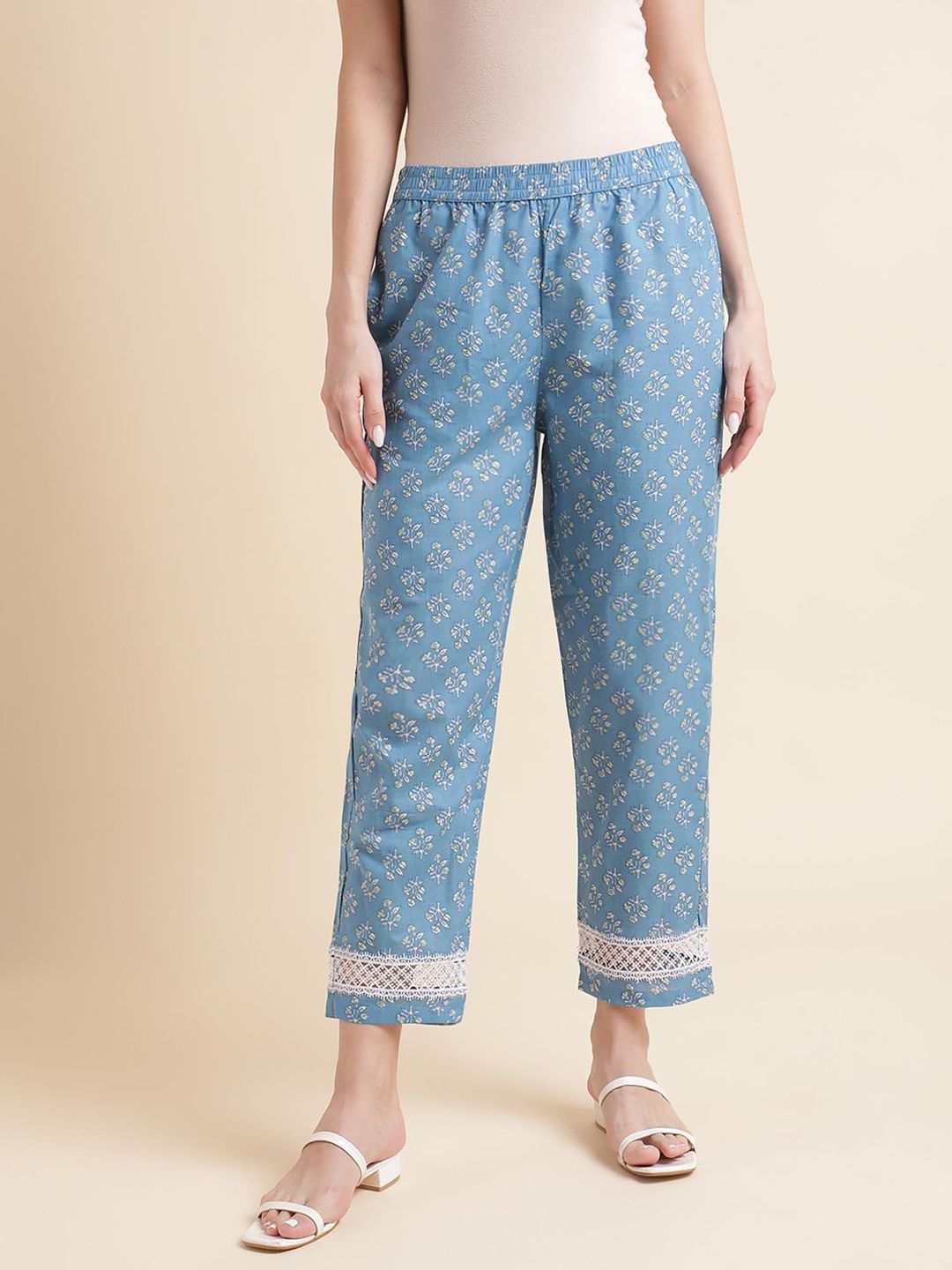 Beautiful Women Blue Floral Printed Lace Embellished Kurta with Pants and Dupatta