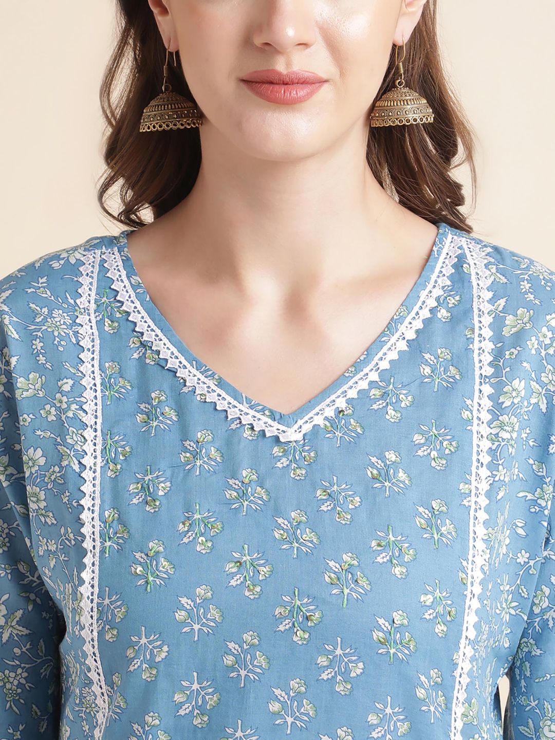 Beautiful Women Blue Floral Printed Lace Embellished Kurta with Pants and Dupatta