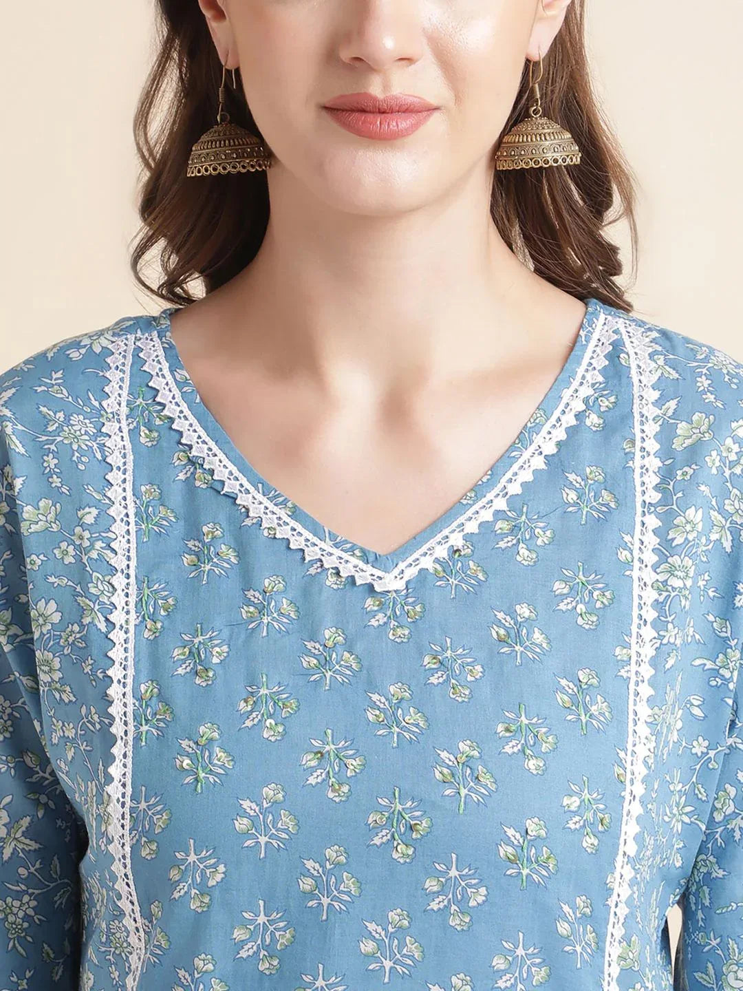 Beautiful Women Blue Floral Printed Lace Embellished Kurta with Pants and Dupatta