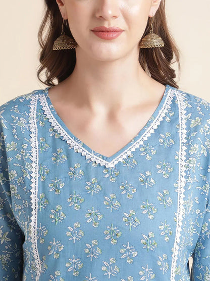 Beautiful Women Blue Floral Printed Lace Embellished Kurta with Pants and Dupatta