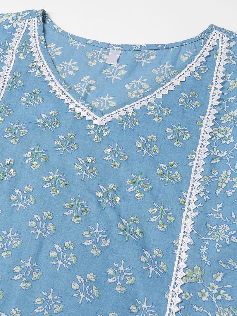 Beautiful Women Blue Floral Printed Lace Embellished Kurta with Pants and Dupatta