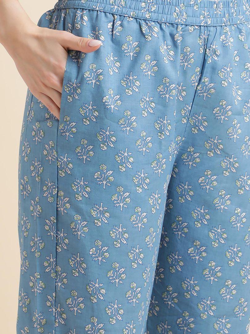 Beautiful Women Blue Floral Printed Lace Embellished Kurta with Pants and Dupatta