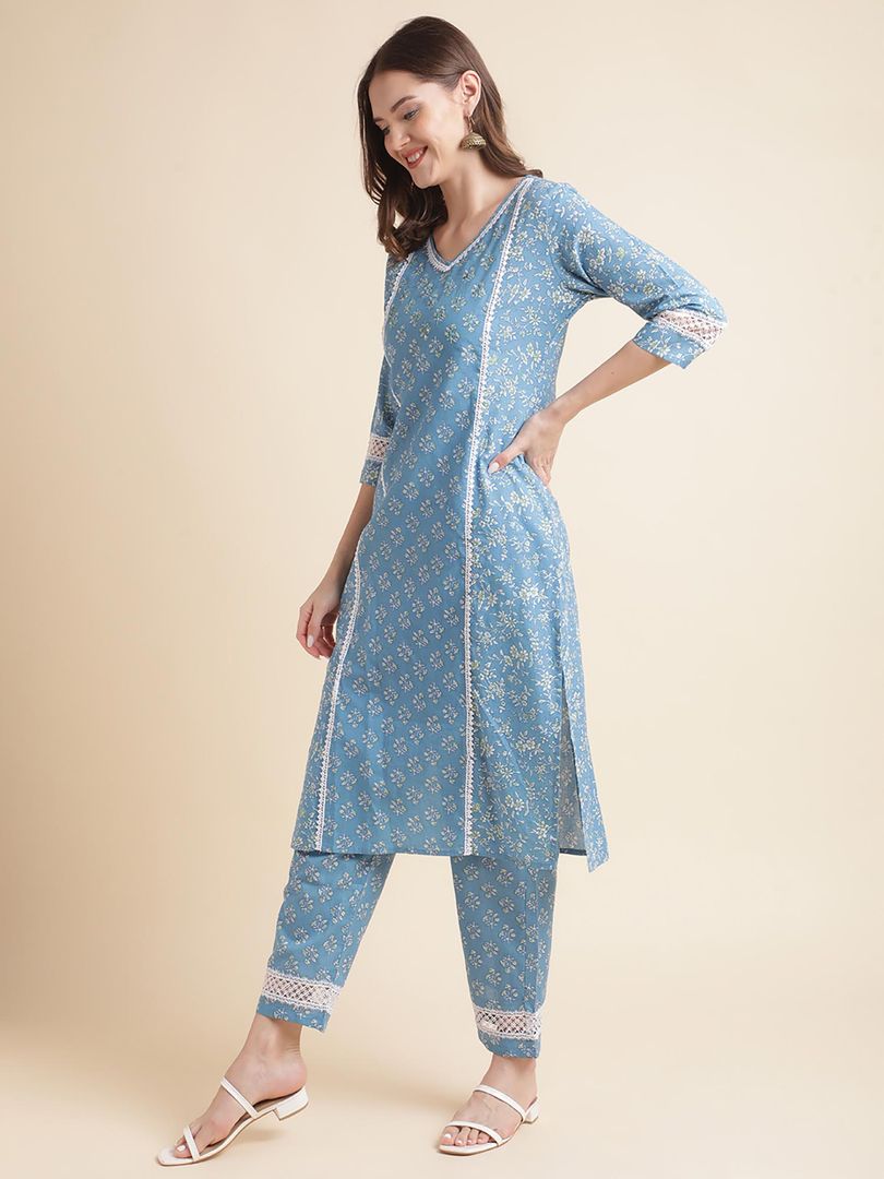 Beautiful Women Blue Floral Printed Lace Embellished Kurta with Pants and Dupatta