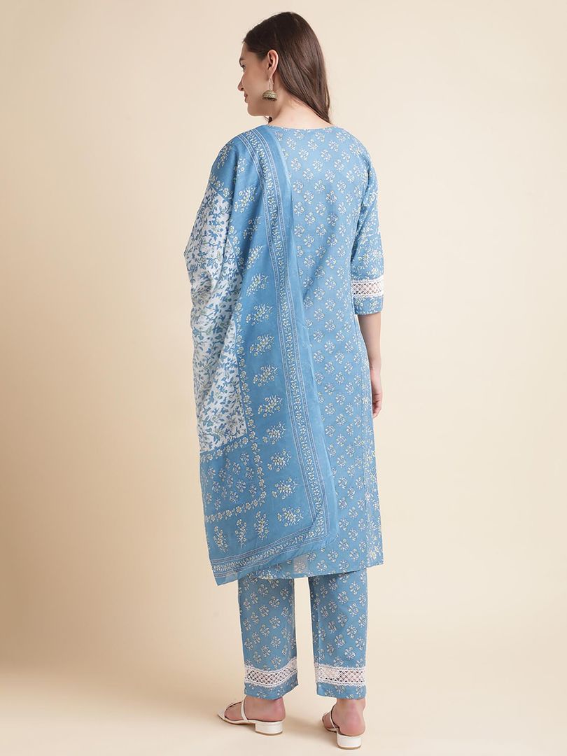 Beautiful Women Blue Floral Printed Lace Embellished Kurta with Pants and Dupatta
