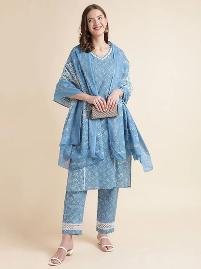 Beautiful Women Blue Floral Printed Lace Embellished Kurta with Pants and Dupatta