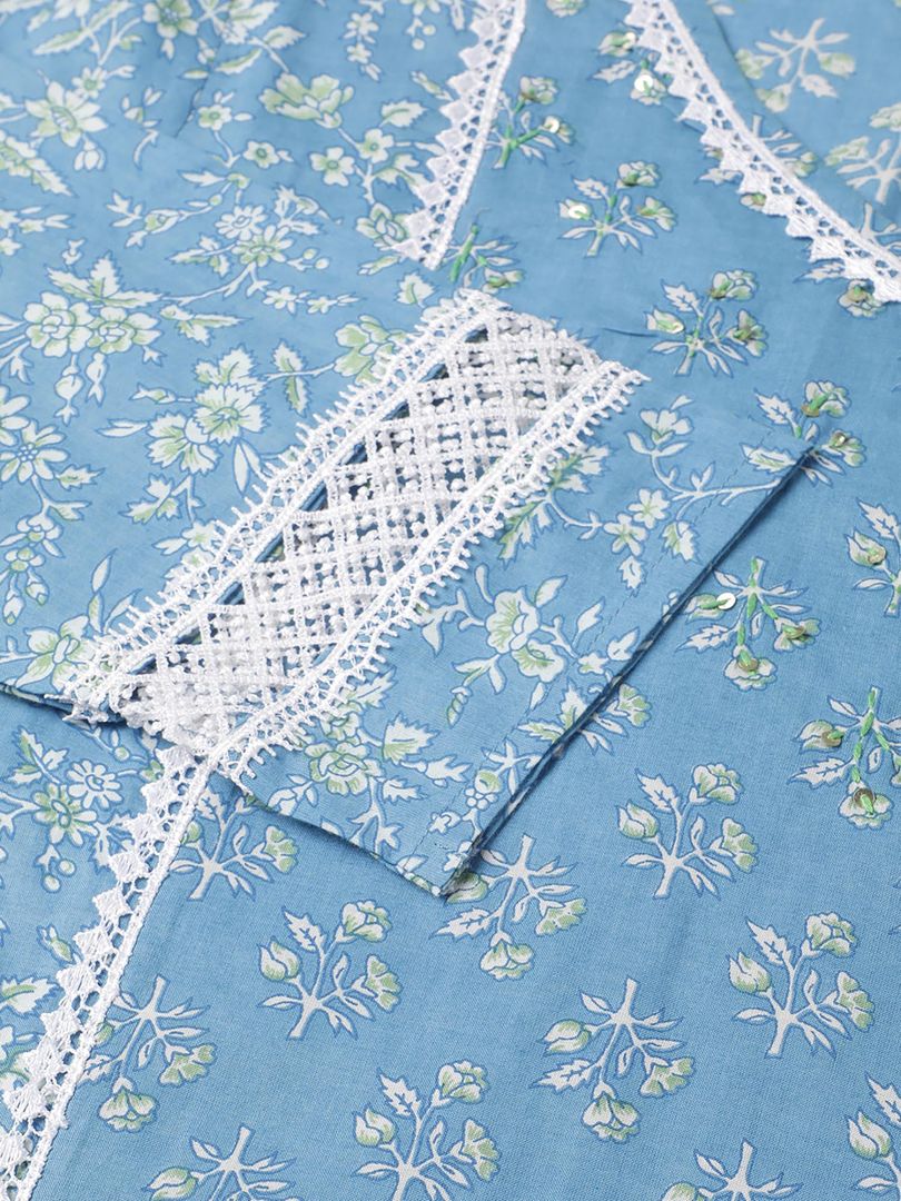 Beautiful Women Blue Floral Printed Lace Embellished Kurta with Pants and Dupatta