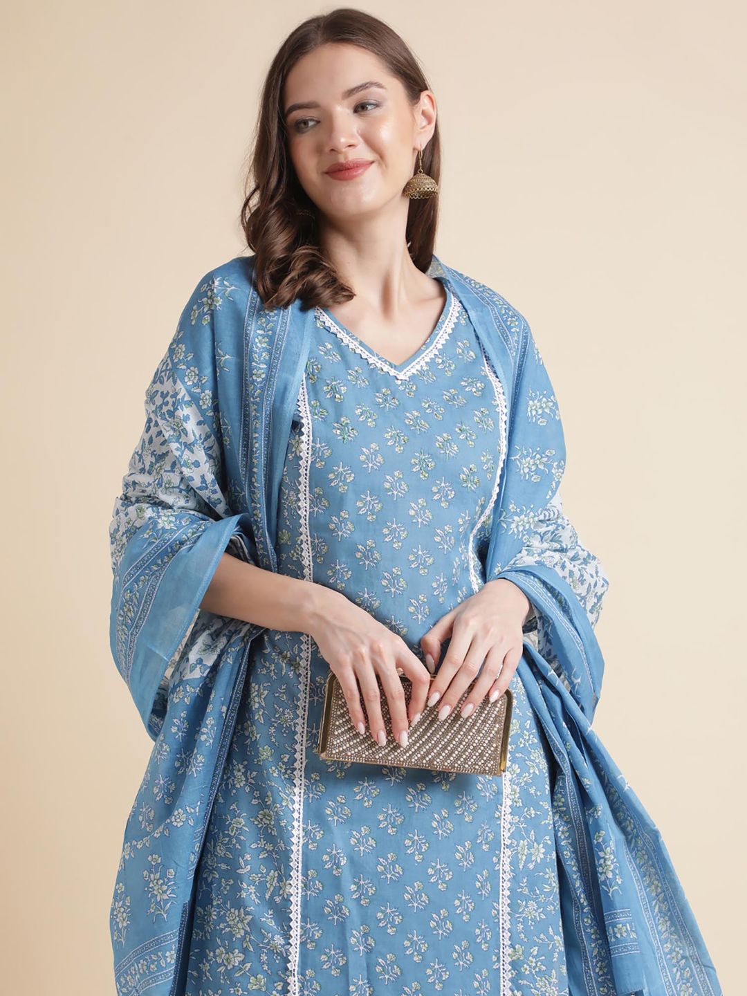 Beautiful Women Blue Floral Printed Lace Embellished Kurta with Pants and Dupatta