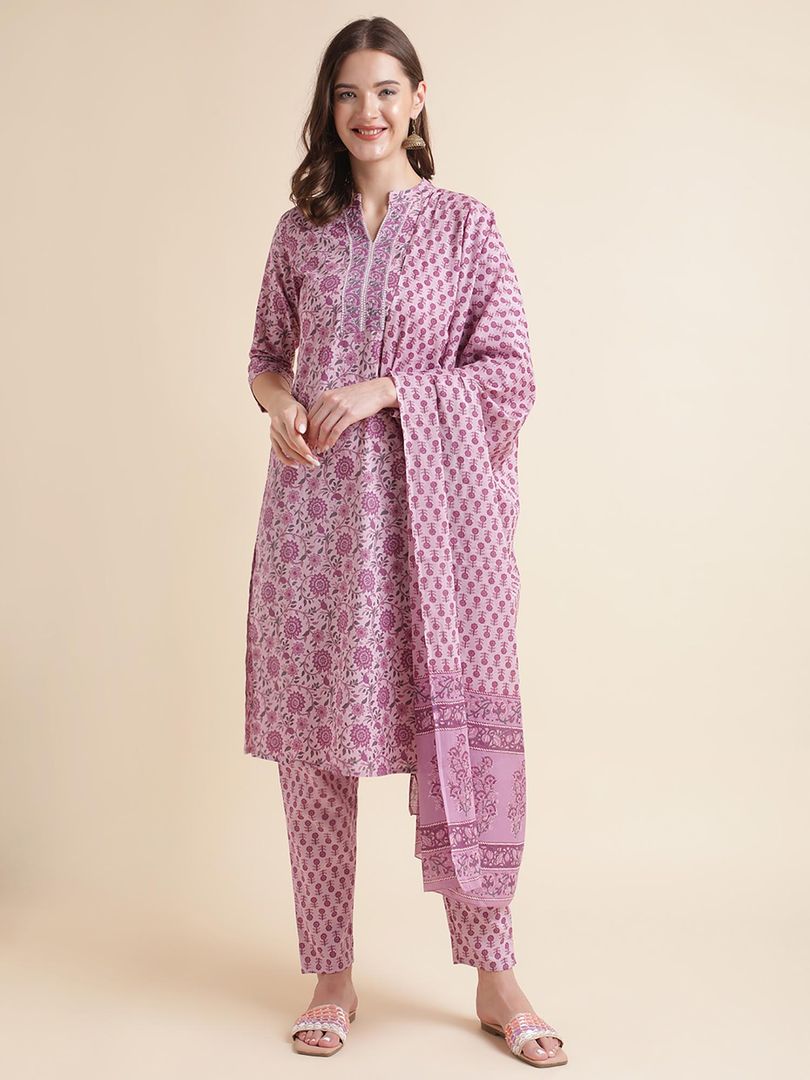 Beautiful Women's Pink Floral Print Pure Cotton Kurta with Trousers & Dupatta