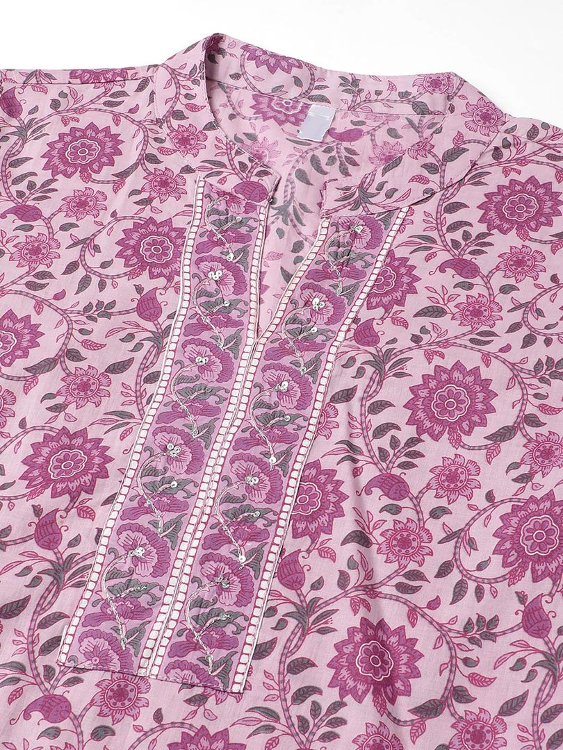 Beautiful Women's Pink Floral Print Pure Cotton Kurta with Trousers & Dupatta