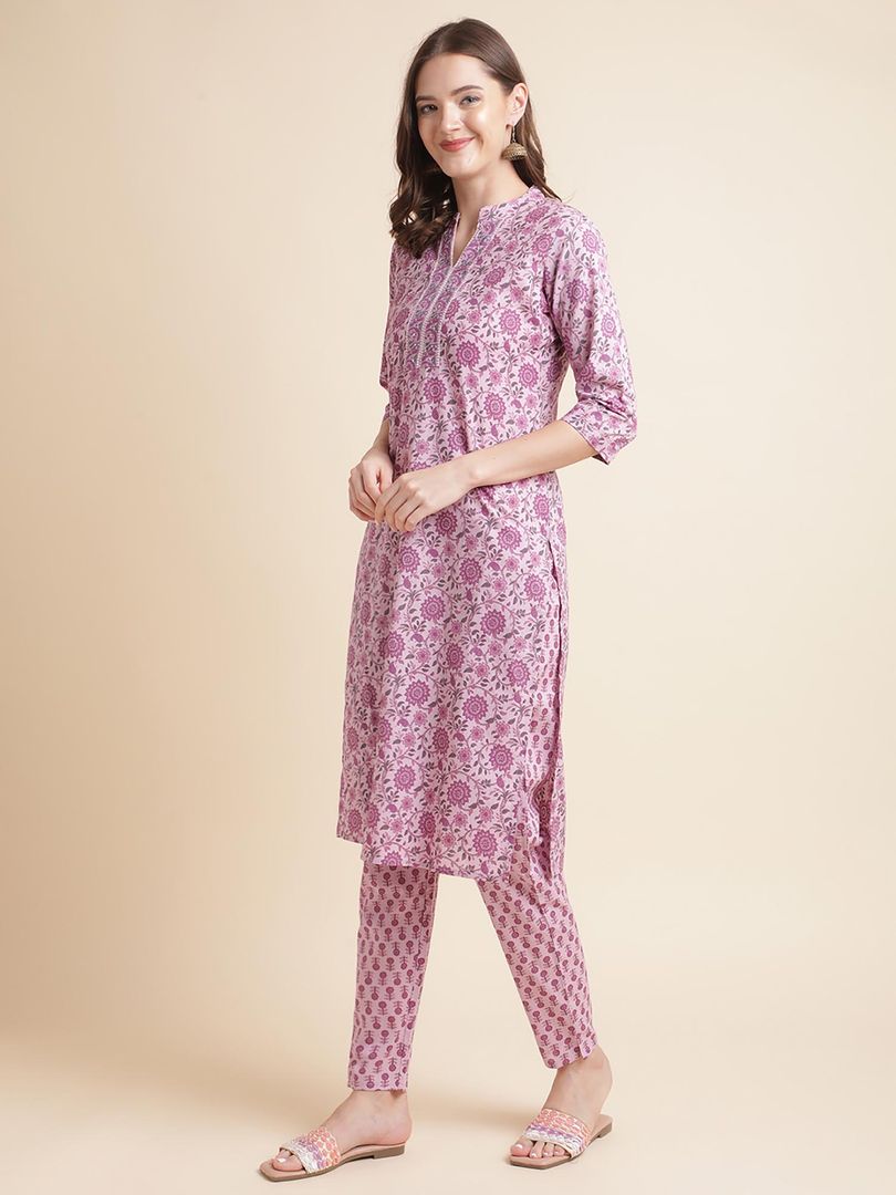 Beautiful Women's Pink Floral Print Pure Cotton Kurta with Trousers & Dupatta