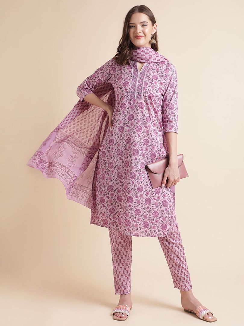 Beautiful Women's Pink Floral Print Pure Cotton Kurta with Trousers & Dupatta