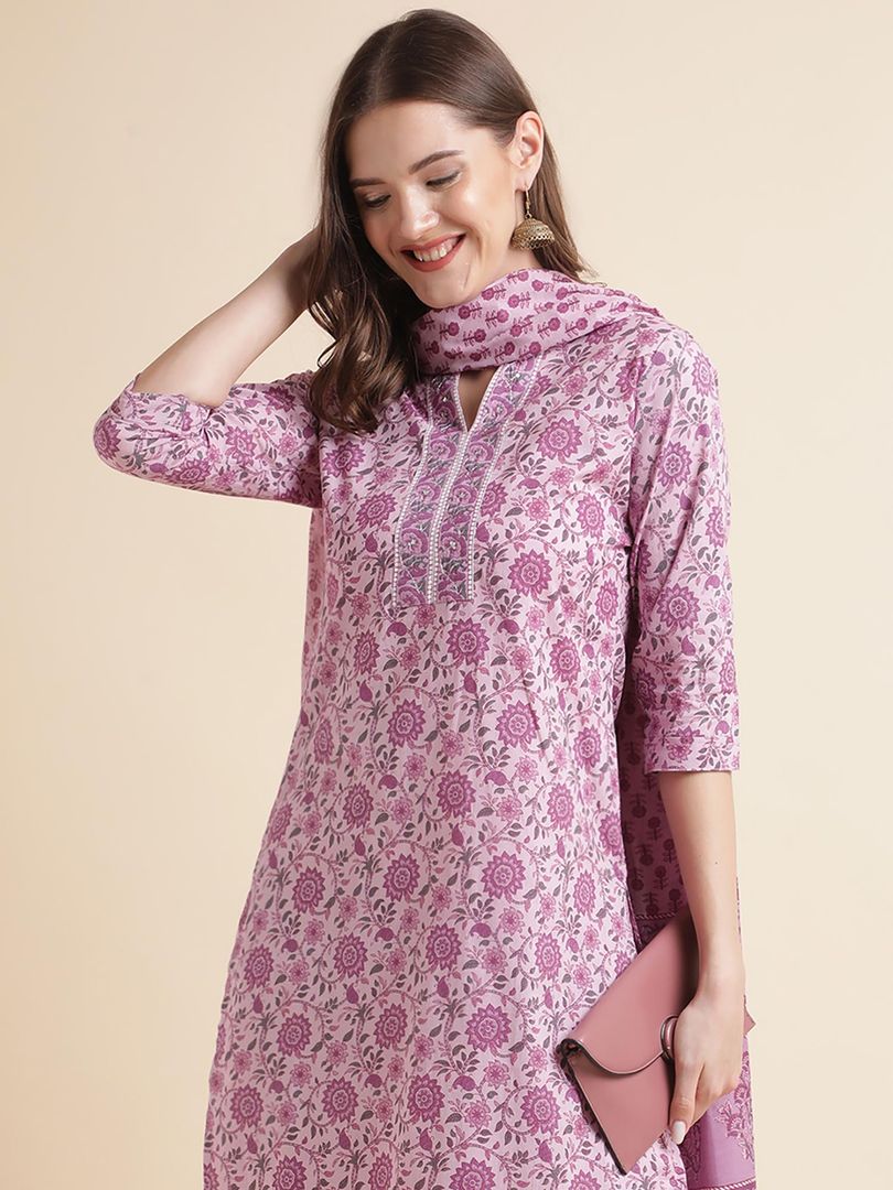 Beautiful Women's Pink Floral Print Pure Cotton Kurta with Trousers & Dupatta