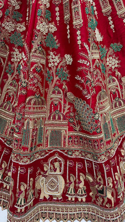 Red Pure Soft Silk Heavy Embroidery Work Bridal Lehenga