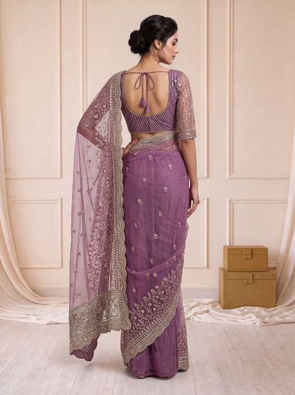 Purple Pure Premium Net Handwork Kasti &amp; Motif Zari Metallic Sequins Work Wedding Saree