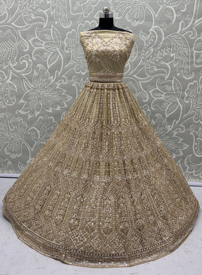 Golden Pure Soft Net Heavy Embroidery Work Bridal Lehenga 