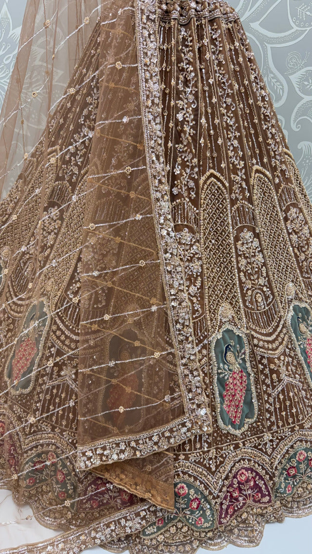 Brown Pure Heavy Net Motif Handwork Zari Sequins Work Bridal Lehenga Choli