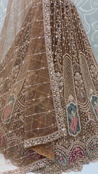 Brown Pure Heavy Net Motif Handwork Zari Sequins Work Bridal Lehenga Choli