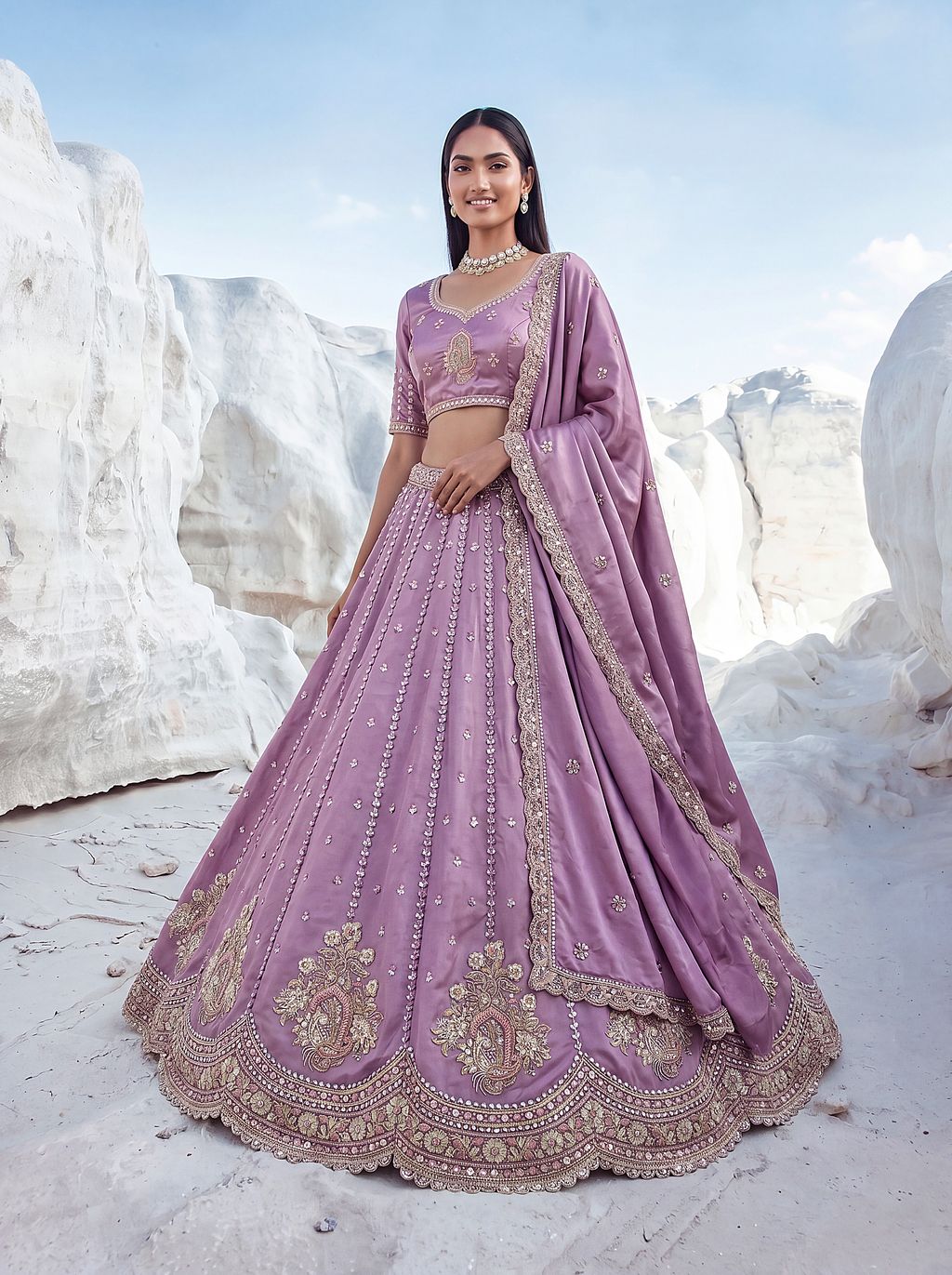 Lilac Pure Soft Silk Heavy Sequins Embellishment Work Bridal Lehenga Choli 