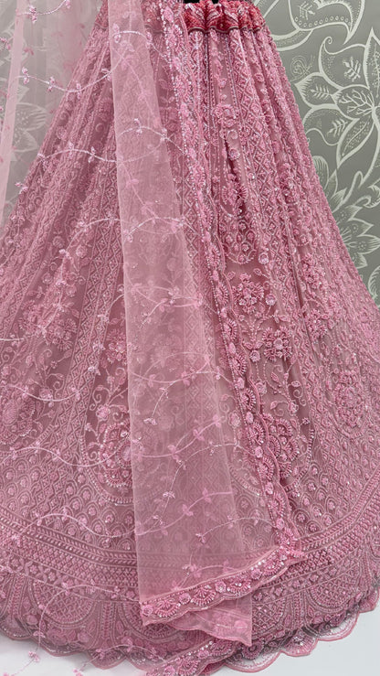 Pink Pure Heavy Net Motif Handwork Zari Sequins Work Bridal Lehenga Choli