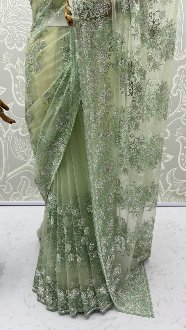 Olive Green Pure Premium Net Handwork Kasti &amp; Motif Zari Metallic Sequins Work Wedding Saree