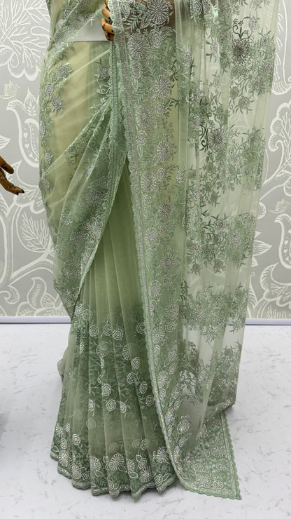 Olive Green Pure Premium Net Handwork Kasti &amp; Motif Zari Metallic Sequins Work Wedding Saree