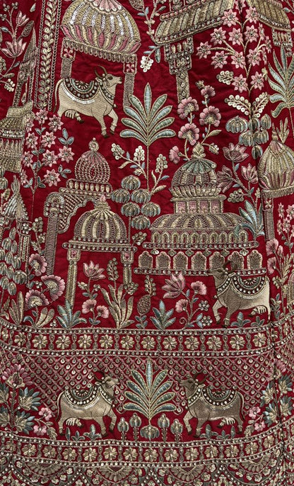 Red Pure Soft Net Heavy Embroidery Work Bridal Lehenga
