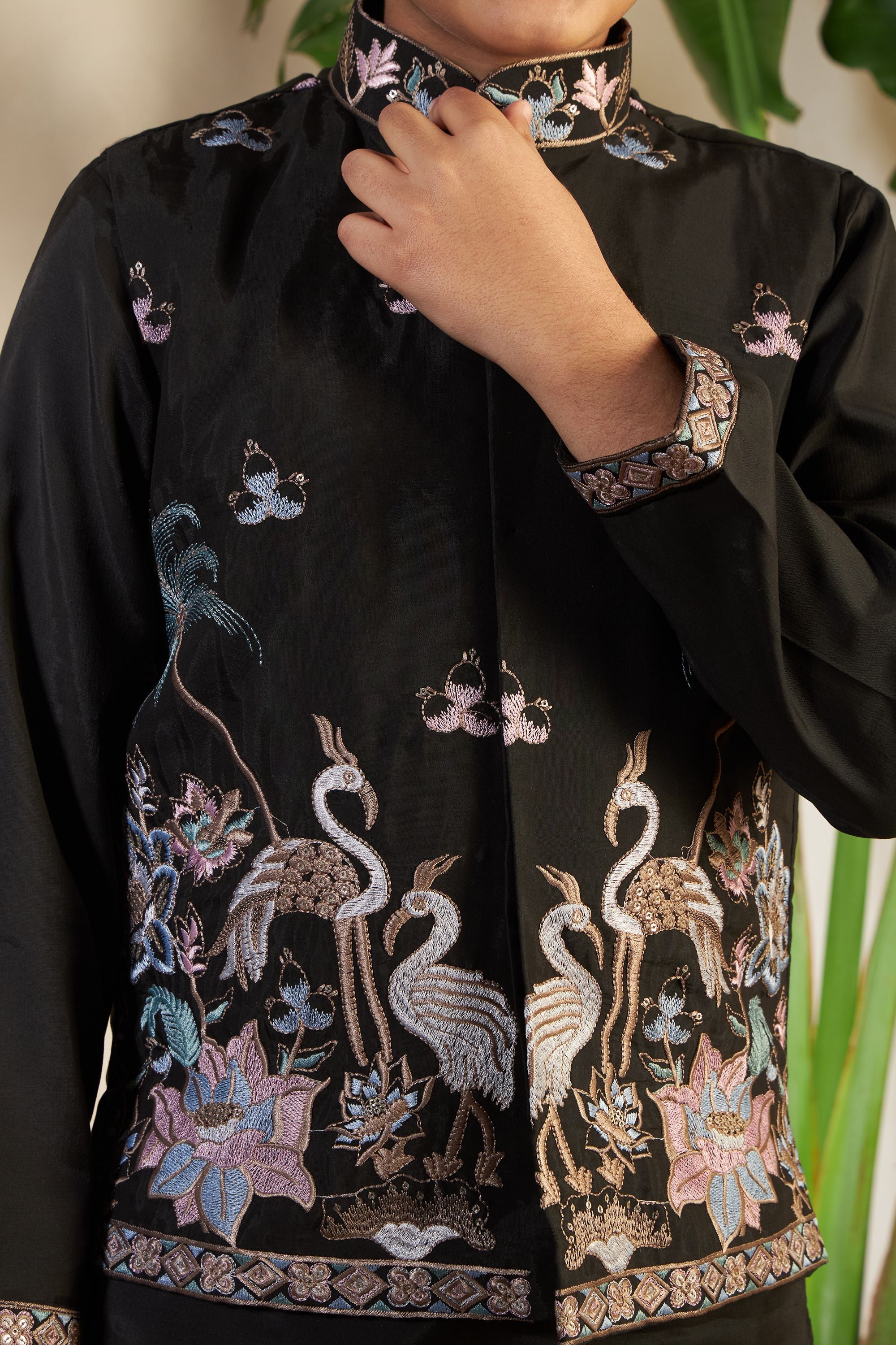 Black Pure Viscose Silk Silk Kids Boy Kurta Pajama With Koti Jacket 