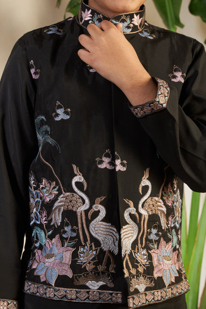 Black Pure Viscose Silk Silk Kids Boy Kurta Pajama With Koti Jacket 