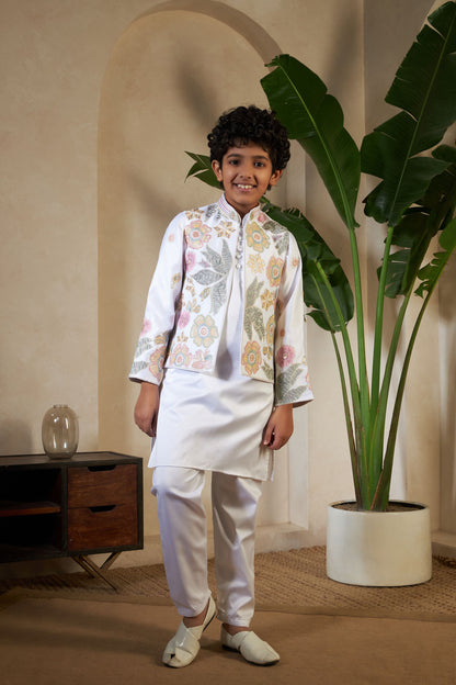 White Pure Satin Silk Kids Boy Kurta Pajama With Koti Jacket 