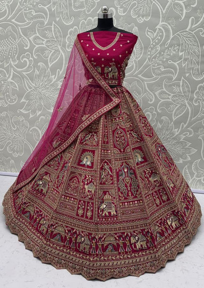 Rani Pink Pure Soft Gadwal Silk Heavy Embroidery Work Bridal Lehenga 