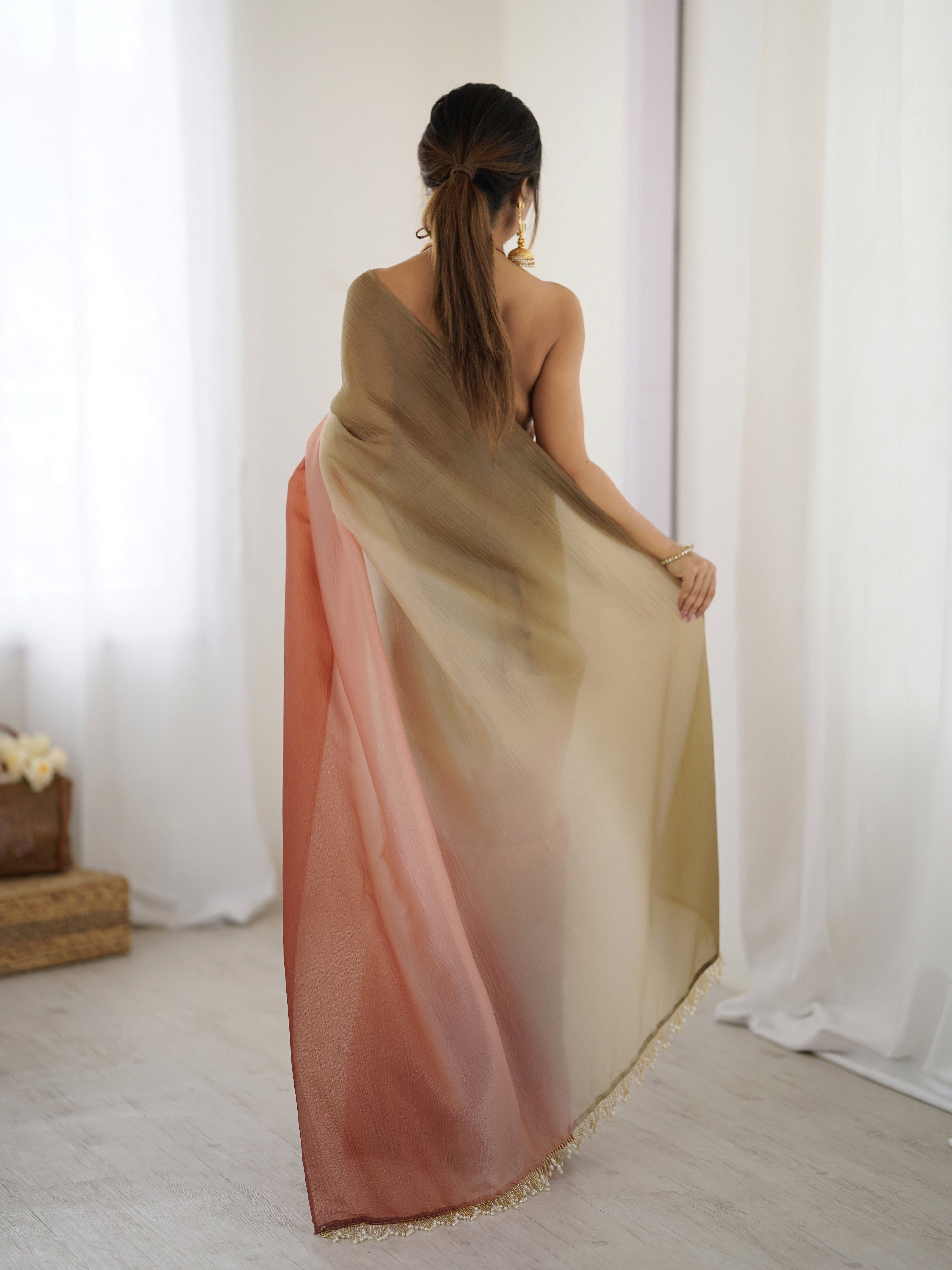 Brown shaded Pure Soft Candy Crush Silk Ready to Wear Saree ##color## Ready to Wear Saree with premium fabric and embroidery