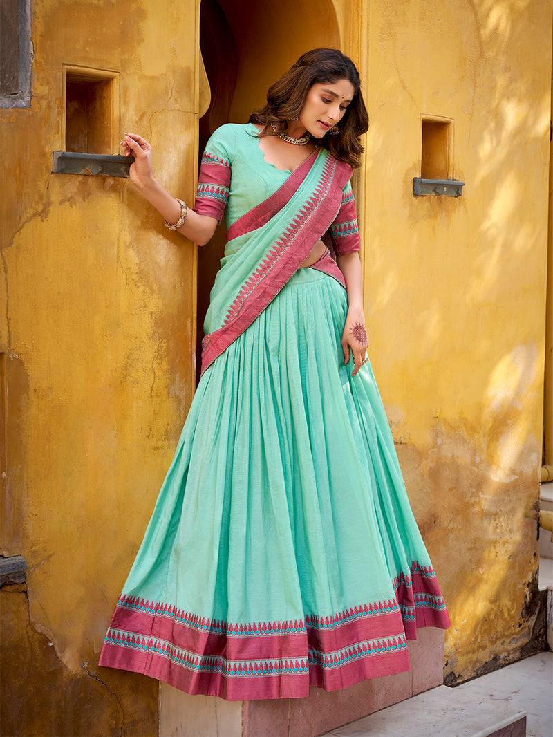 Sky Blue Color Thread Work With Chanderi Lehenga Choli 
