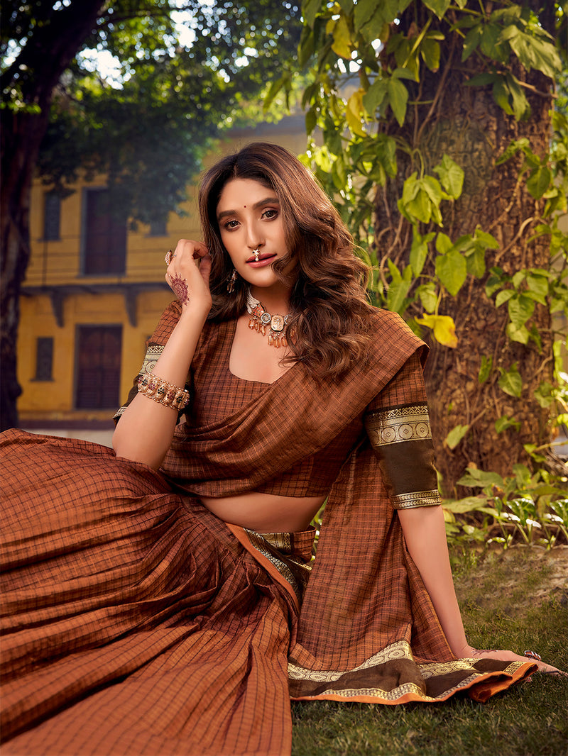 Rust Orange Color Chex With Zari weaving Work Chettinad Cotton Lehenga Chol 