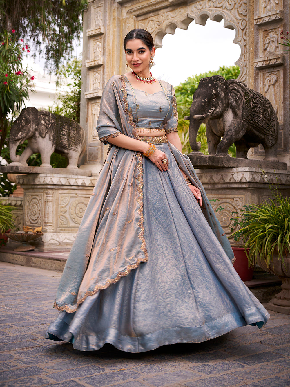 Sky Pure Fendi Silk Sequins &amp; Thread Embroidery Work Lehenga Choli