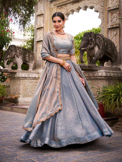 Sky Pure Fendi Silk Sequins &amp; Thread Embroidery Work Lehenga Choli