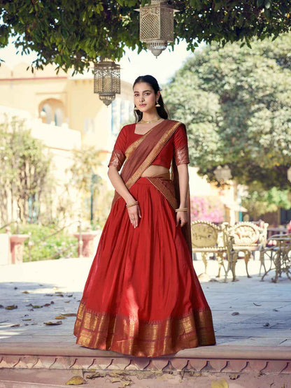 Red Pure Poly Poly Cotton with Zari Woven Half Saree Lehenga
