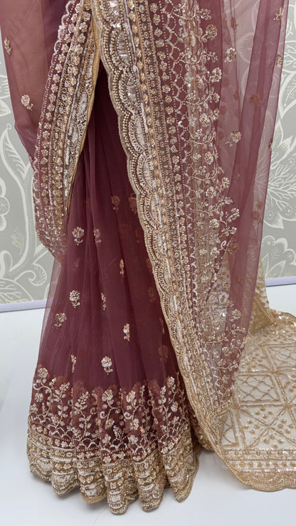Wine Pure Premium Net Handwork Kasti &amp; Motif Zari Metallic Sequins Work Wedding Saree