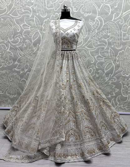 White Pure Soft Net Heavy Embroidery Work Bridal Lehenga 