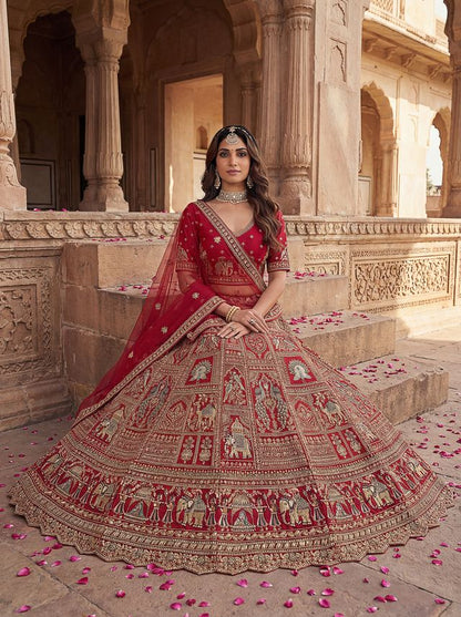 Red Pure Soft Gadwal Silk Heavy Embroidery Work Bridal Lehenga 