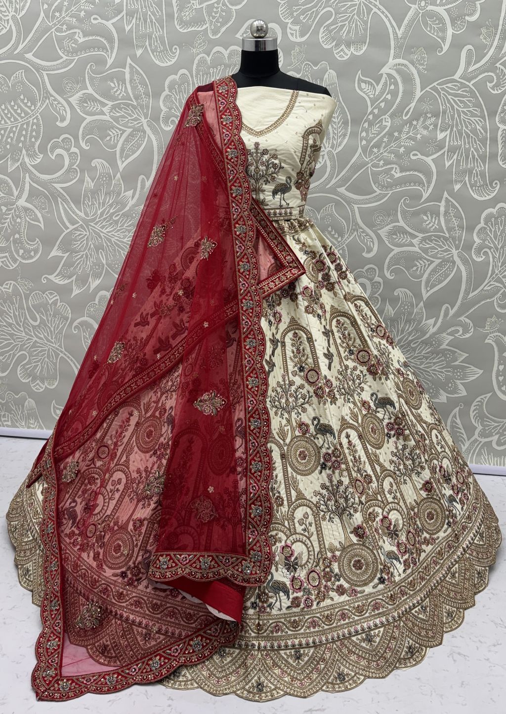 Off White Pure Soft Silk Heavy Embroidery Work Bridal Lehenga 
